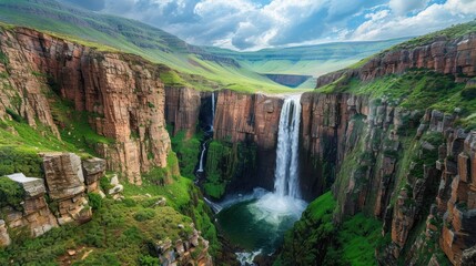 Majestic Waterfall in a Mountain Valley