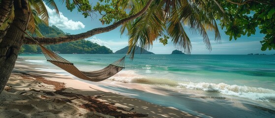Fototapeta premium Gentle waves lapping on a secluded beach with a hammock swaying gently under palm trees