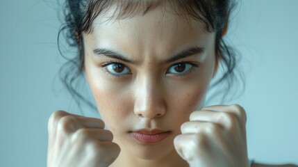 Korean girl showing determination with focused eyes and strong posture on a white background