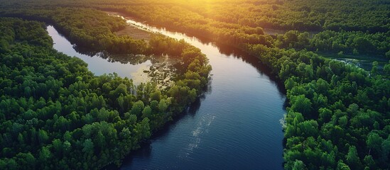 Obraz premium Aerial View of a River Winding Through a Lush Forest