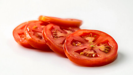 Sliced tomatoes arranged in a row on a white background