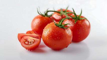tomatoes and pieces of tomatoes on a white background