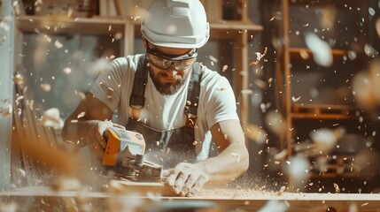 Carpenter Working with Electric Sander in Workshop with Flying Wood Shavings