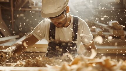 Carpenter Working with Electric Sander in Workshop with Flying Wood Shavings