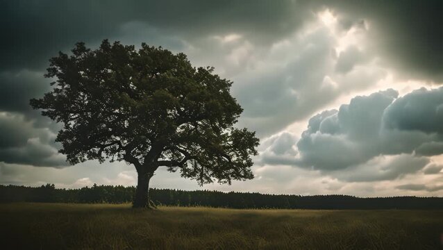 Solitary Tree in a Moody Field Under Cloudy Skies