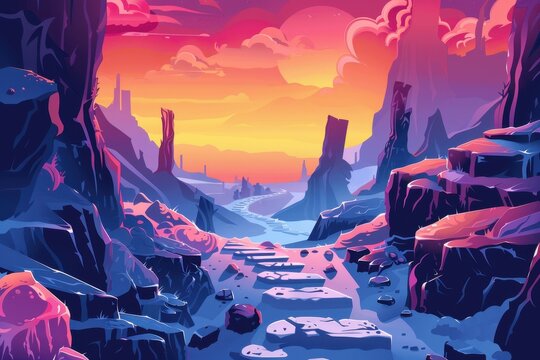 Mystical canyon landscape with vibrant sunset and rocky terrain