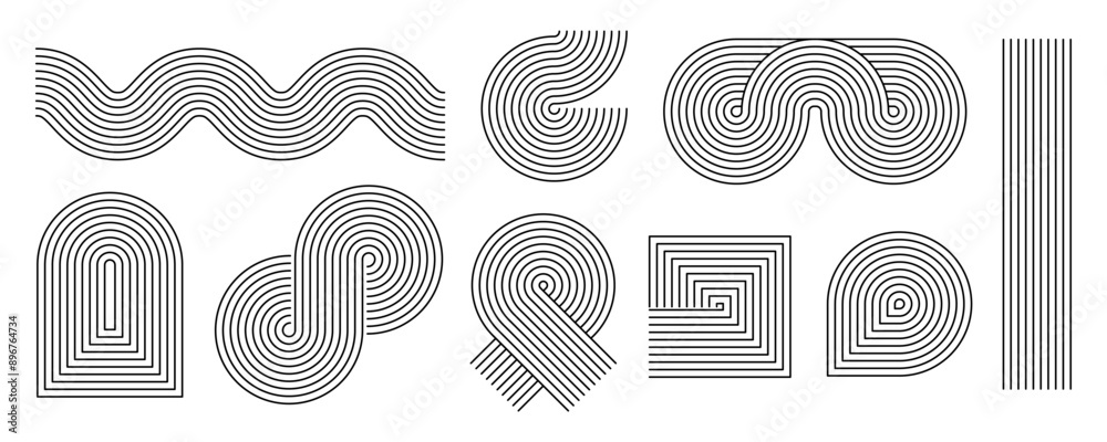 Poster black linear boho style waves and shapes set. mid century curves and arch collection. decorative lin
