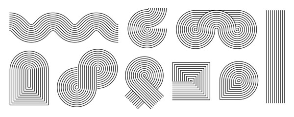 Black linear boho style waves and shapes set. Mid century curves and arch collection. Decorative line arc elements for graphic design template, poster, banner, cover. Vector wavy zigzag forms © vika_k