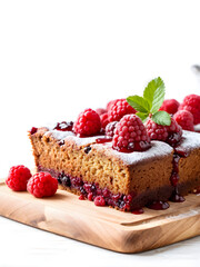 Raspberry cake with jam and frozen berries and cinnamon on wooden cutting board on white background
