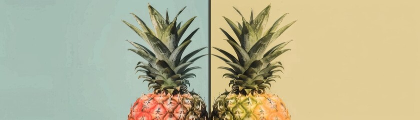Obraz premium Vibrant pineapples against pastel backgrounds. Ideal for summer themes, tropical concepts, and fresh fruit imagery in bright, colorful tones.