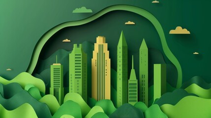 Eco friendly city concept in a beautiful paper cut style design. Green living and urban sustainability on Earth. 