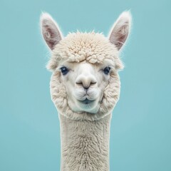 Obraz premium Alpaca portrait in light blue background for travel and nature concept with animal beauty