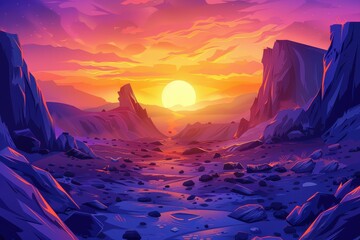 Rocky canyon landscape with vibrant sunset sky and starry night