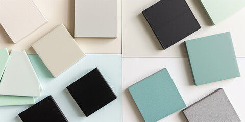 An abstract minimalist background featuring Seafoam Green, Light Sand, Midnight Black, and Bright White. Clean composition and soothing color palette, ideal for modern designs.