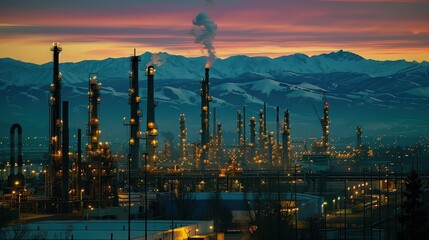Fototapeta premium Industrial Refinery at Dawn with Mountain Background