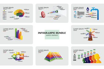 Infographics Bundle presentation templates, Brainstrom, process, resource, analytics, barchart, human colorful elements vector