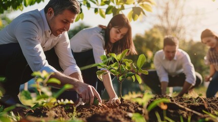 Fototapeta premium Businessmen and community together planting trees for sustainable development goals. company or businesses and corporations that care about the environment and ecosystem in greenery company. 