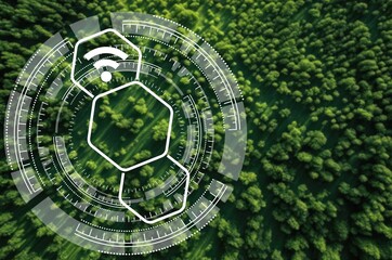 greenhouse green farm with digital infographics.