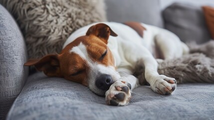 Obraz premium Cute dog sleeping comfortably on sofa with space for text on left top side of image