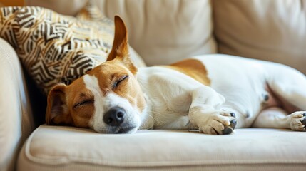 Cute dog sleeping comfortably on sofa with space for text on left top side of image. 