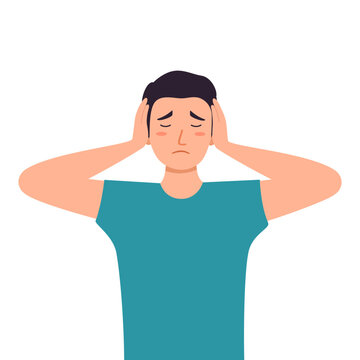 Man plugs ears with hands, fear of sounds and unpleasant loud noise. Ma covering ears with hands.