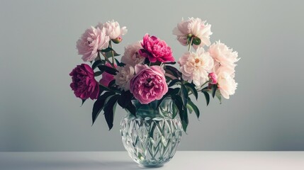 Obraz premium Lush peonies in a vintage crystal vase, placed in front of a plain, clean background, drawing attention to their lush petals and vibrant hues