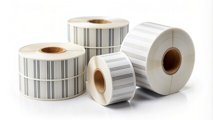 Barcode sticker rolls set on white background with blank adhesive labels for marking and identification , barcode, sticker