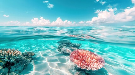 Colorful coral reefs visible through clear water at the beach, vibrant and alive.