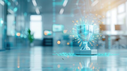 Fototapeta premium Corporate achievement represented by a floating, glowing trophy in a high-tech office. Futuristic, 3D Render, Blue and White, Detailed