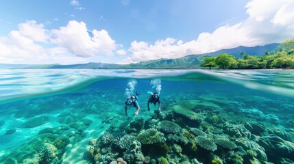Couple snorkeling near a coral reef close to the beach, exploring and vibrant.