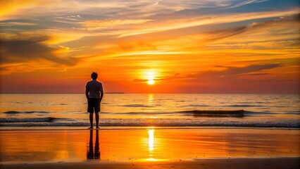 Silhouette of person enjoying sunset on beach, silhouette, person, beach, shore, horizon, sunset, nature, relaxation