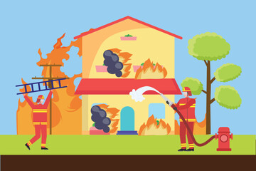 Firefighters with firefighting equipment concept. Colored flat vector illustration isolated.