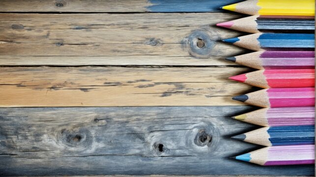Weathered wood pencil group colored pencils arranged diagonal li