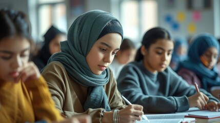 Fototapeta premium Multi ethnic teenager students taking exam at High School Technical preparation course for University. Creative Banner. Copyspace image