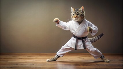 of a cat doing karate , cat, karate, martial arts, animal, funny, cute, cartoon, black belt, fighting, ninja, character, action