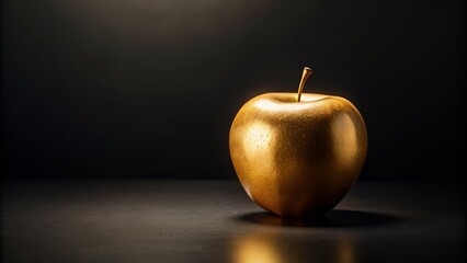 A shiny golden apple on a dark background , luxury, shiny, fruit, golden, healthy, snack, organic, expensive, exquisite