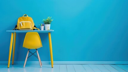 Arrangement of study tables with chairs and backpacks in the classroom.