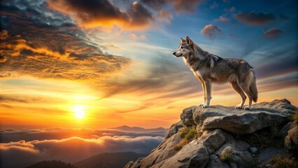Lone wolf standing on rocky outcrop at sunset, conveying strength and resilience, wolf, majestic, lone, wildlife