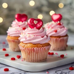 Romantic Cupcakes with Pink Icing and Red Heart Toppers
