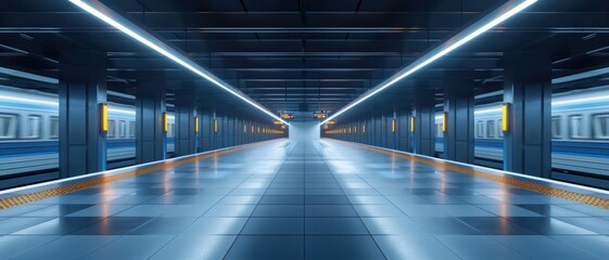 Obraz premium Modern Underground Subway Station with Empty Platform and Moving Trains in Motion Blur