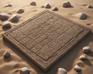 Ancient clay tablets with text on the sand