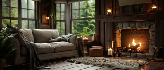 Cozy Living Room with Fireplace and Comfortable Sofa in Rustic Cabin Surrounded by Nature