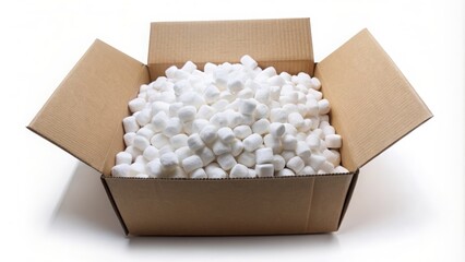 Cardboard box filled with white packing peanuts, packaging, shipping, fragile, protection