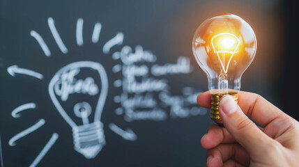 Hand holding glowing lightbulb in front of chalkboard ideas