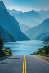 Realistic image of an empty road in front of a mountain view. and blue sea