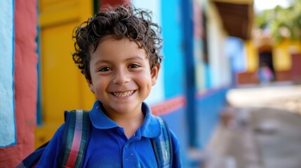 A child is happy on the first day of school and has learned new things. more at school
