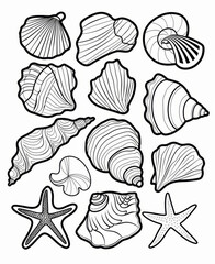 Simple coloring book cartoon style drawings of sea shells