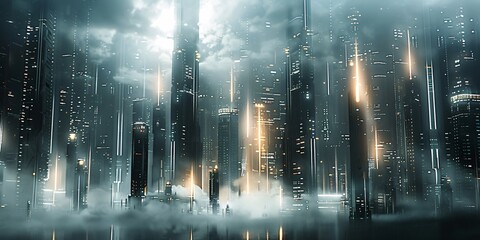 Futuristic cityscape at dusk.