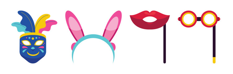 Set of four colorful party masks. The mask set includes a carnival mask, bunny ears headband, red lips, and glasses.