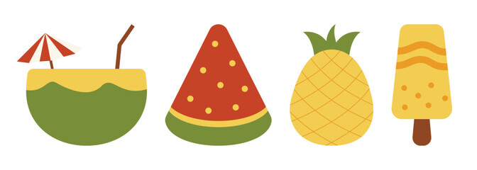 A delightful illustration of summertime treats: a refreshing coconut drink, a juicy watermelon slice, a sweet pineapple, and a delicious ice cream popsicle.